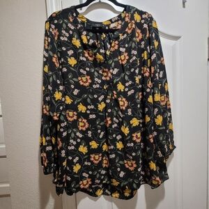 Tahari Woman Black Floral Blouse | Size 2X | Long Sleeve | NWT